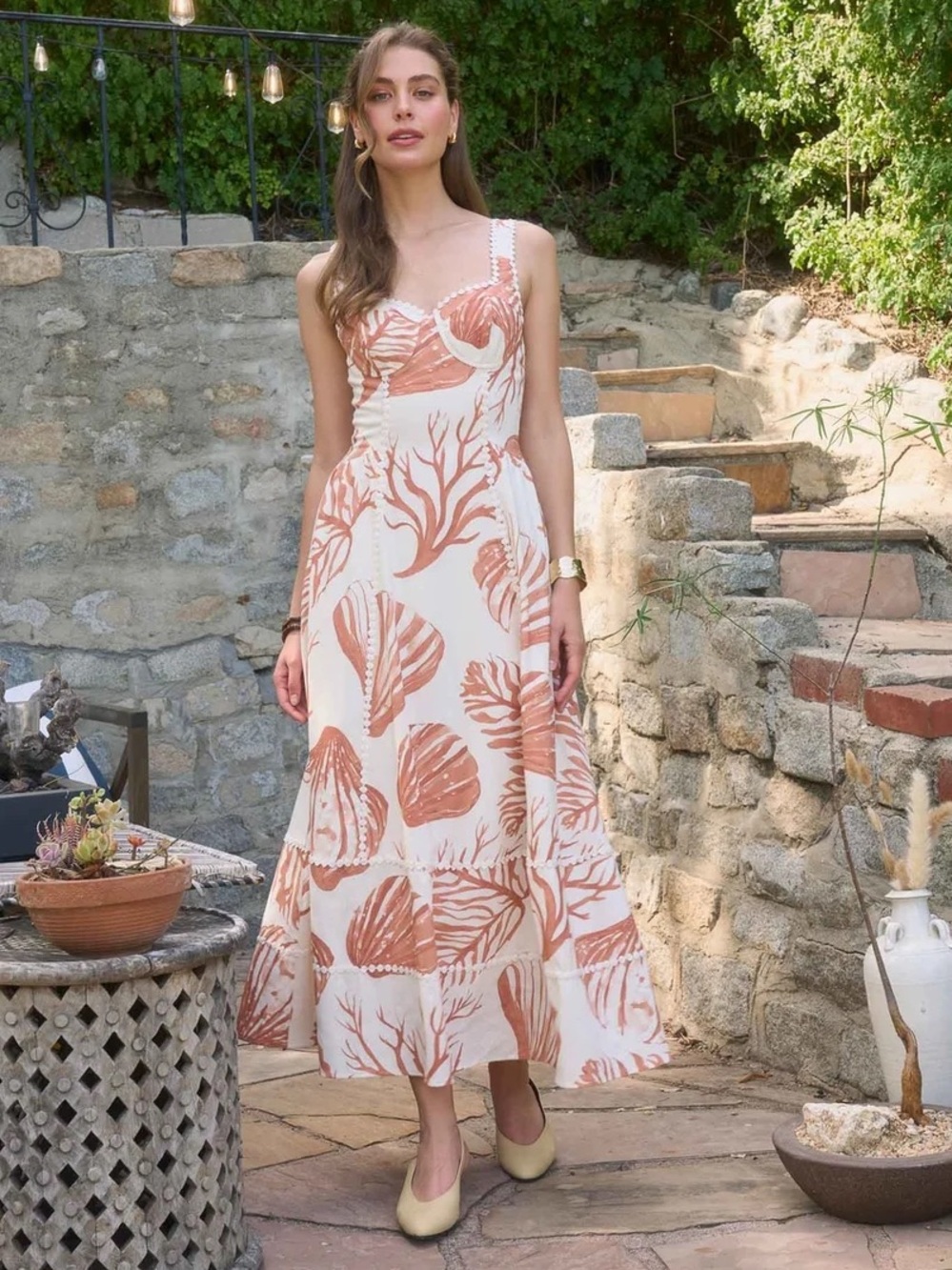 Anthropologie moon river Maxi Dress with Terracotta Shell print nwt